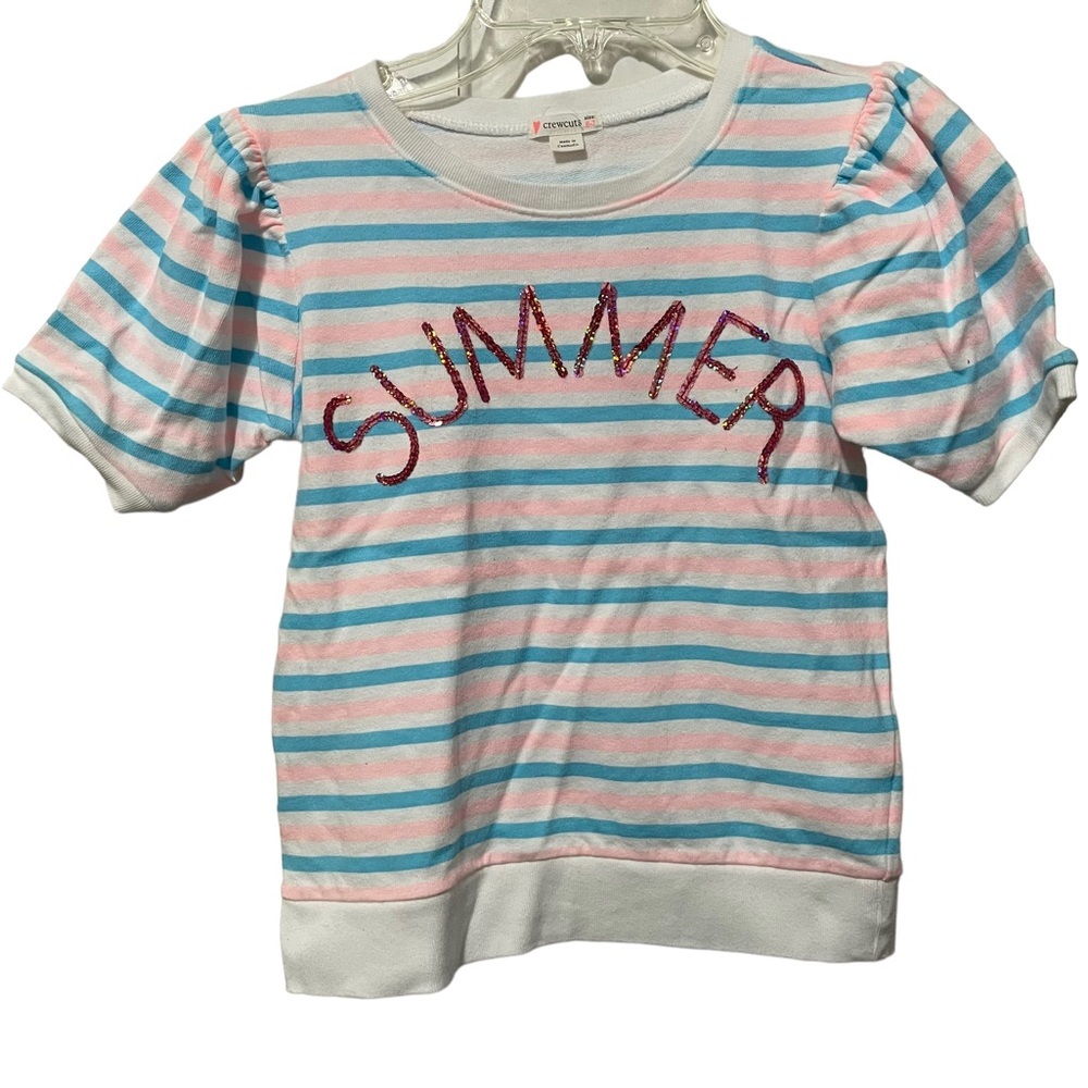 J. Crew CrewCuts Summer Girls Short Sleeve Top Size 6/7 pink and blue stripes
